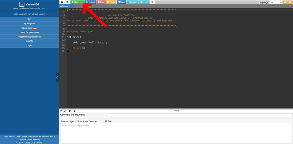 The OnlineGDB web IDE with a Hello World C++ program open, and a red arrow pointing at the green Run button in the toolbar